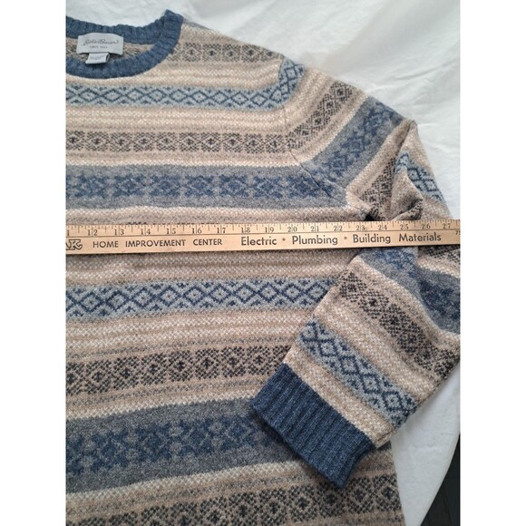 Eddie Bauer Lambs Wool Sweater Fair Aisle Blue Tan Geometric Nordic Crew Neck L - Picture 5 of 7